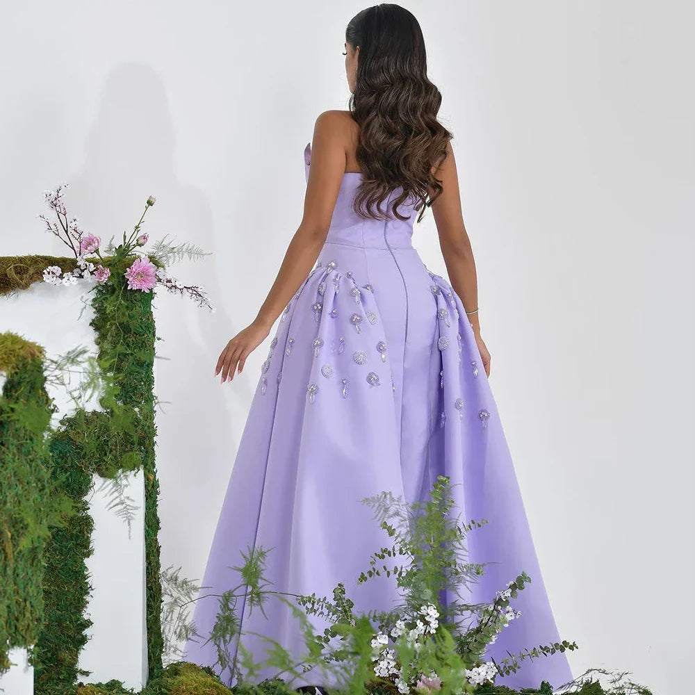 Vestidos de noche de lujo, corte A, sin tirantes, con cuentas, estilo lila, de Arabia, en satén, para mujer, ideales para bodas y fiestas (2025) LA72229 