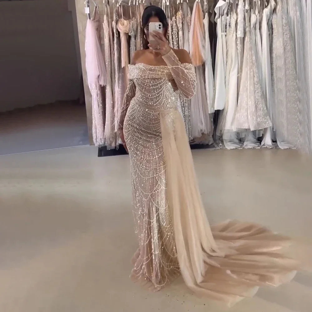 Off Shoulder Light Blue Mermaid Evening Dress with Detachable Overskirt Dubai LA72254