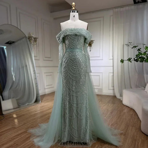 Robe de soirée sirène bleu clair à épaules dénudées et jupe amovible, Dubaï LA72254
