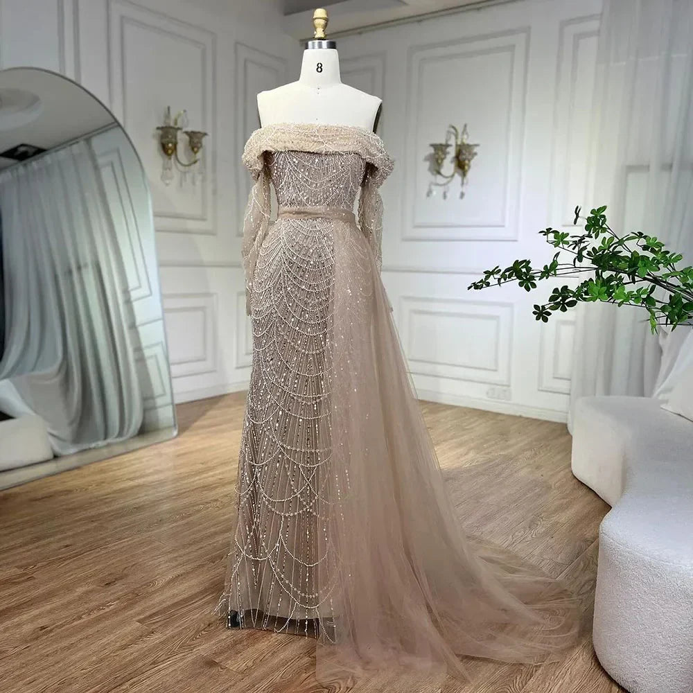Off Shoulder Light Blue Mermaid Evening Dress with Detachable Overskirt Dubai LA72254
