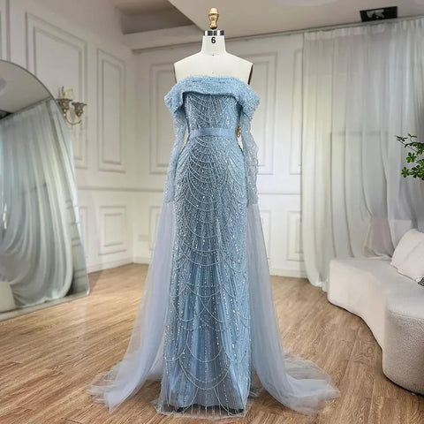 Robe de soirée sirène bleu clair à épaules dénudées et jupe amovible, Dubaï LA72254