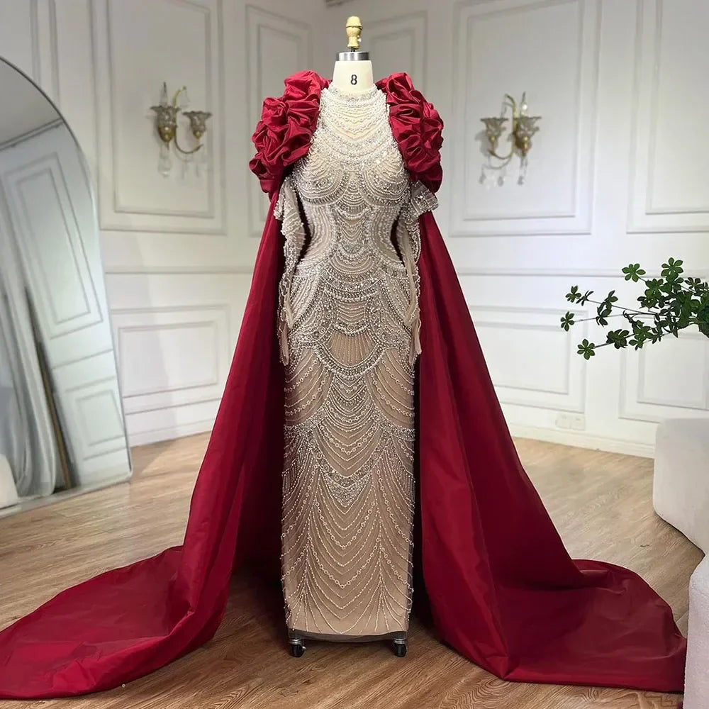 Vestido largo de sirena con perlas color nude estilo árabe, capa de lujo estilo Dubai, ideal para bodas y fiestas (LA72091C) 