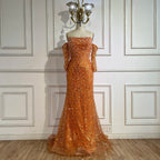 Vestidos de noche de lujo con cuentas y cristales, estilo sirena, sin tirantes, color naranja Arabia, para mujer, ideales para bodas y fiestas (2025) LA72402 