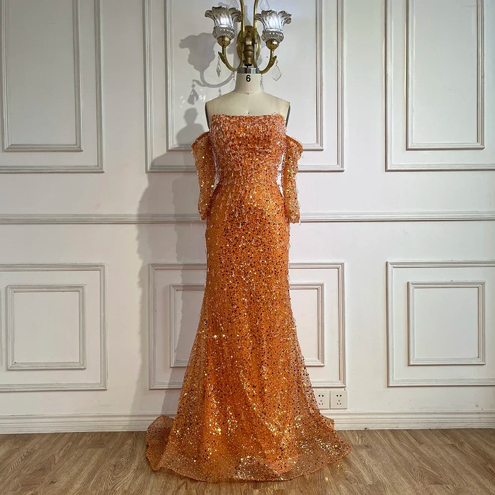 Vestidos de noche de lujo con cuentas y cristales, estilo sirena, sin tirantes, color naranja Arabia, para mujer, ideales para bodas y fiestas (2025) LA72402 