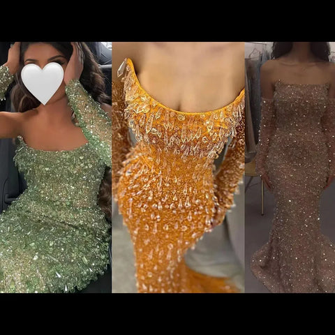 Arabia Orange Mermaid Strapless Luxury Beaded Crystal Evening Dresses Gowns for Women Wedding Party 2025 LA72402