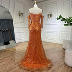 Vestidos de noche de lujo con cuentas y cristales, estilo sirena, sin tirantes, color naranja Arabia, para mujer, ideales para bodas y fiestas (2025) LA72402 