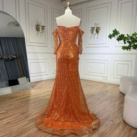 Arabia Orange Mermaid Strapless Luxury Beaded Crystal Evening Dresses Gowns for Women Wedding Party 2025 LA72402
