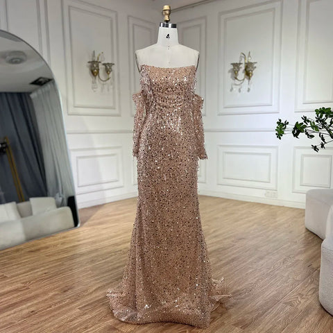 Arabia Orange Mermaid Strapless Luxury Beaded Crystal Evening Dresses Gowns for Women Wedding Party 2025 LA72402