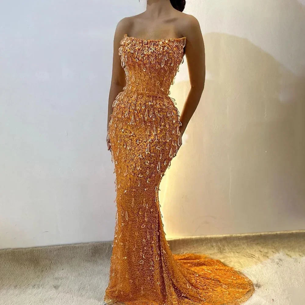 Vestidos de noche de lujo con cuentas y cristales, estilo sirena, sin tirantes, color naranja Arabia, para mujer, ideales para bodas y fiestas (2025) LA72402 