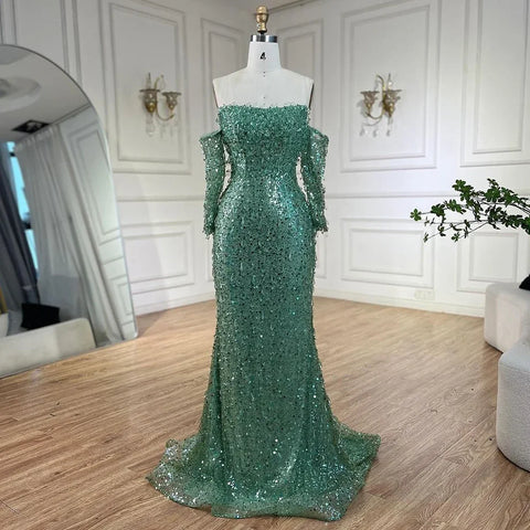 Arabia Orange Mermaid Strapless Luxury Beaded Crystal Evening Dresses Gowns for Women Wedding Party 2025 LA72402