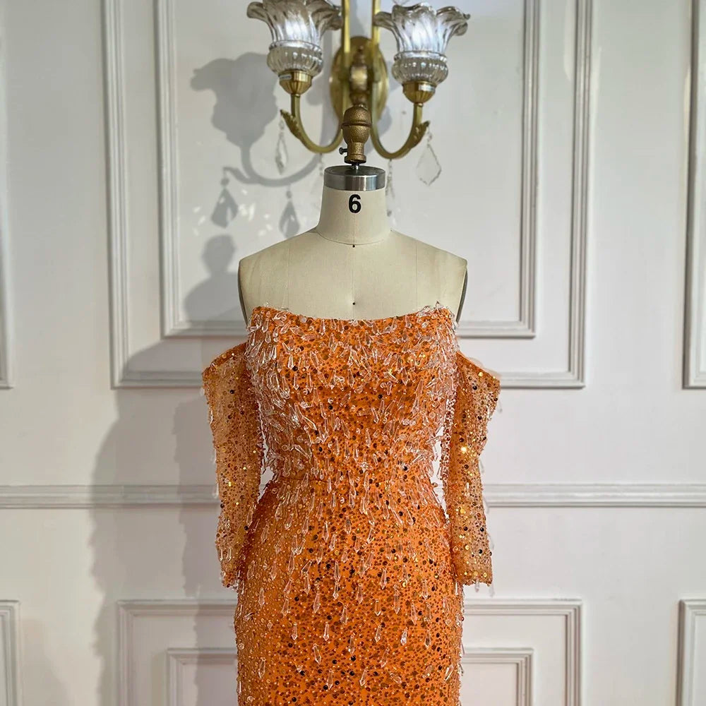 Vestidos de noche de lujo con cuentas y cristales, estilo sirena, sin tirantes, color naranja Arabia, para mujer, ideales para bodas y fiestas (2025) LA72402 