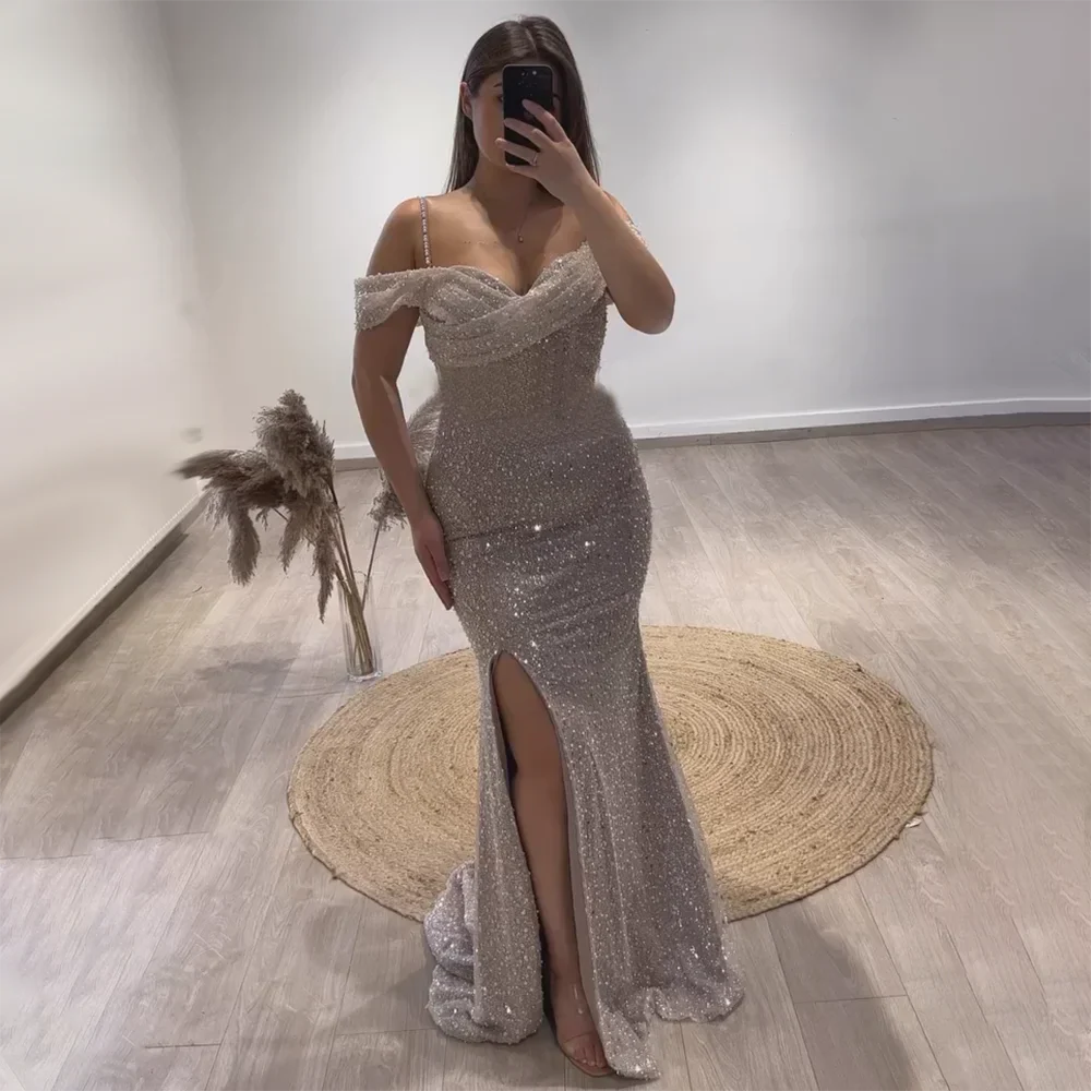 Vestidos de noche de lujo estilo sirena, color blanco nude, con escote barco y abertura alta, ideales para bodas y fiestas (2025) LA72301 