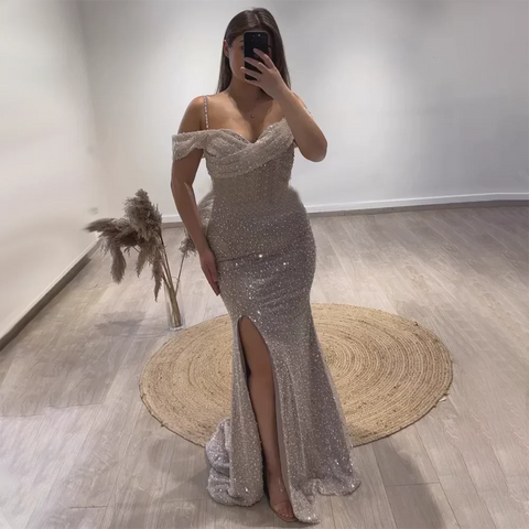 Arabia White Nude Mermaid Boat Neck Luxury Evening Dresses Gowns High Split for Women Wedding Party 2025 LA72301