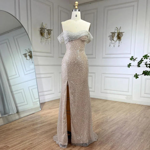 Arabia White Nude Mermaid Boat Neck Luxury Evening Dresses Gowns High Split for Women Wedding Party 2025 LA72301
