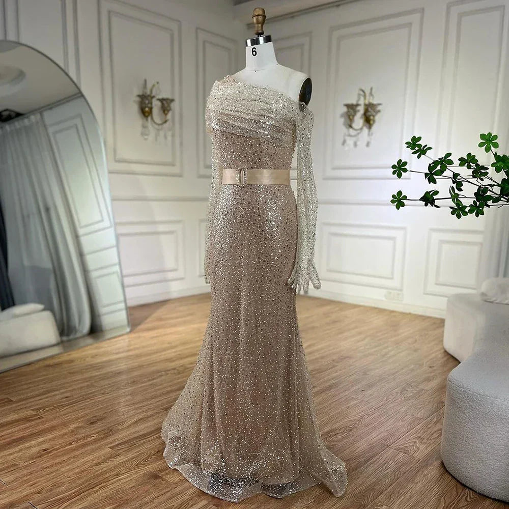 Vestidos de noche de lujo con cuentas, estilo sirena, color caramelo, con un solo hombro, para mujer, colección 2025, para bodas y fiestas (LA72285) 