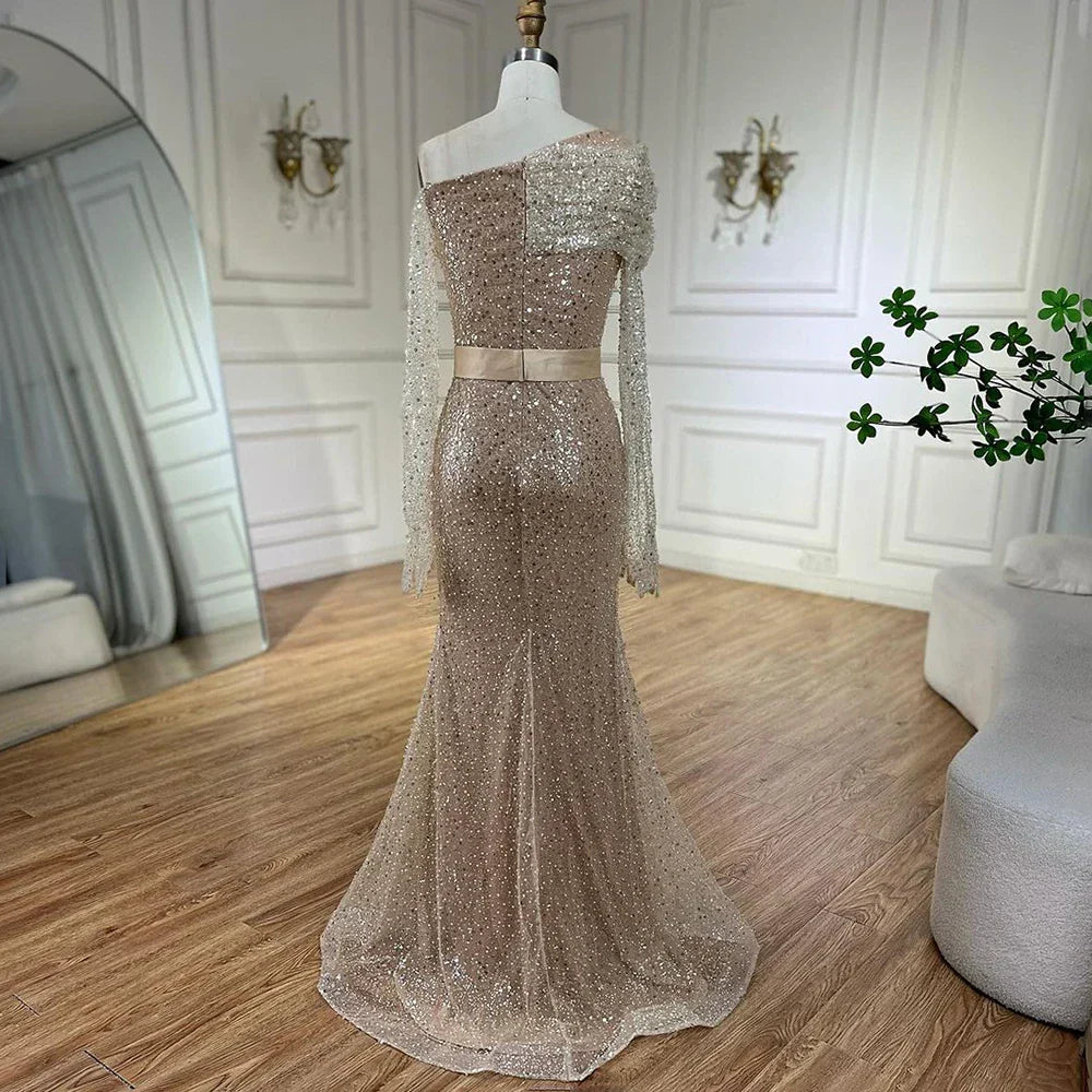 Vestidos de noche de lujo con cuentas, estilo sirena, color caramelo, con un solo hombro, para mujer, colección 2025, para bodas y fiestas (LA72285) 