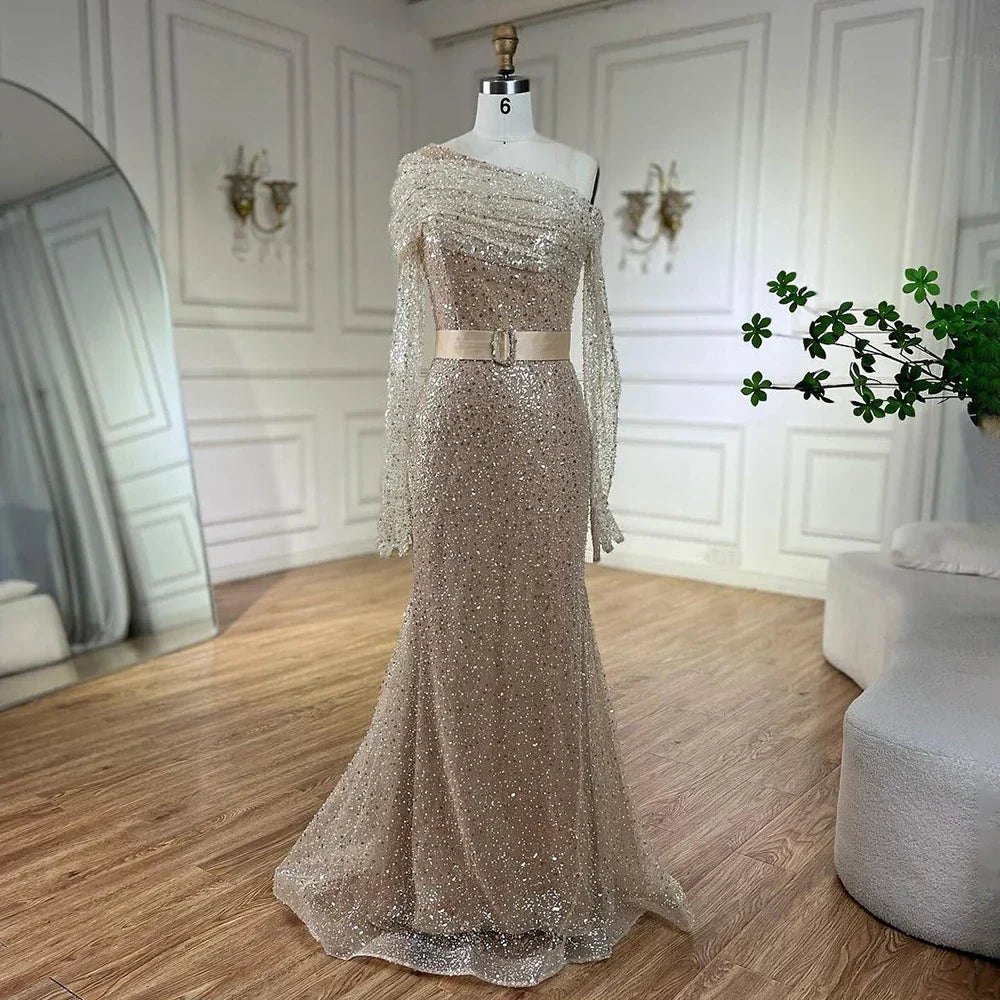 Vestidos de noche de lujo con cuentas, estilo sirena, color caramelo, con un solo hombro, para mujer, colección 2025, para bodas y fiestas (LA72285) 