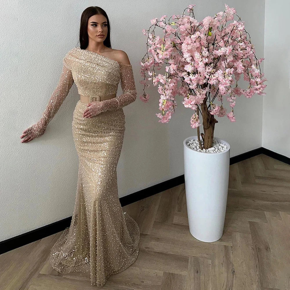 Vestidos de noche de lujo con cuentas, estilo sirena, color caramelo, con un solo hombro, para mujer, colección 2025, para bodas y fiestas (LA72285) 
