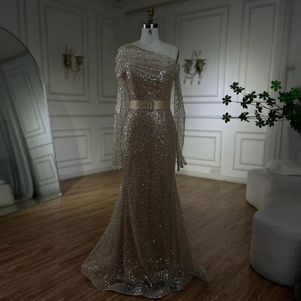 Vestidos de noche de lujo con cuentas, estilo sirena, color caramelo, con un solo hombro, para mujer, colección 2025, para bodas y fiestas (LA72285) 