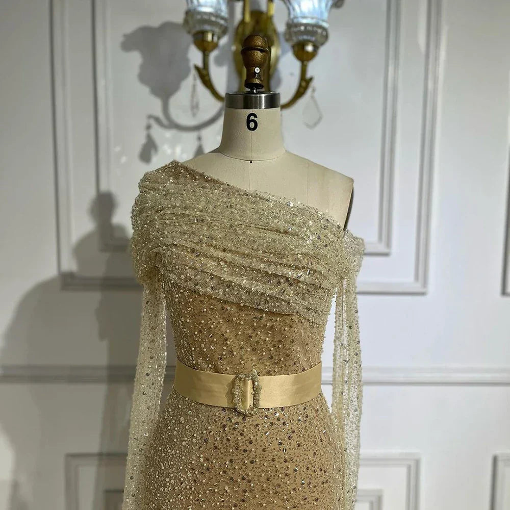 Vestidos de noche de lujo con cuentas, estilo sirena, color caramelo, con un solo hombro, para mujer, colección 2025, para bodas y fiestas (LA72285) 