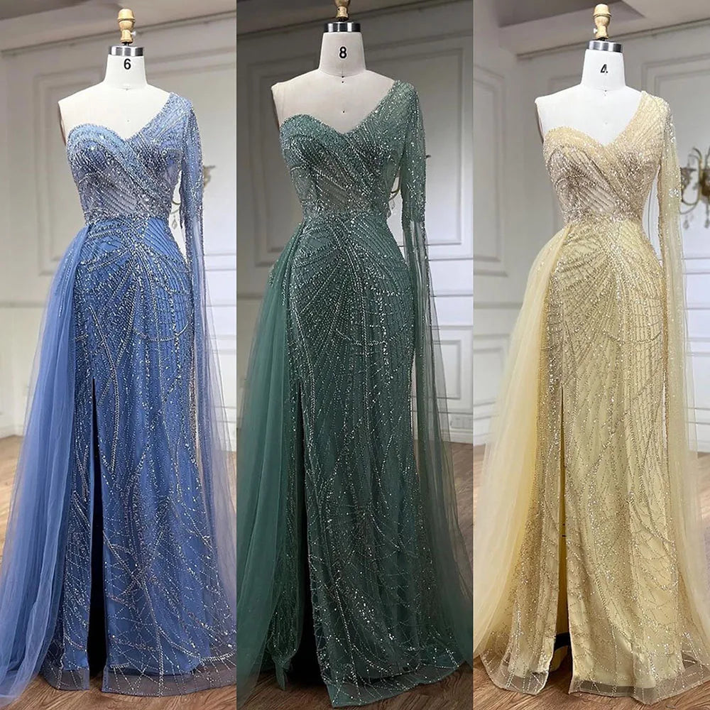 Vestido de noche elegante de sirena azul árabe con falda de cuentas - Vestido de fiesta de boda de lujo para damas 2025 LA72174 