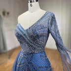 Vestido de noche elegante de sirena azul árabe con falda de cuentas - Vestido de fiesta de boda de lujo para damas 2025 LA72174 