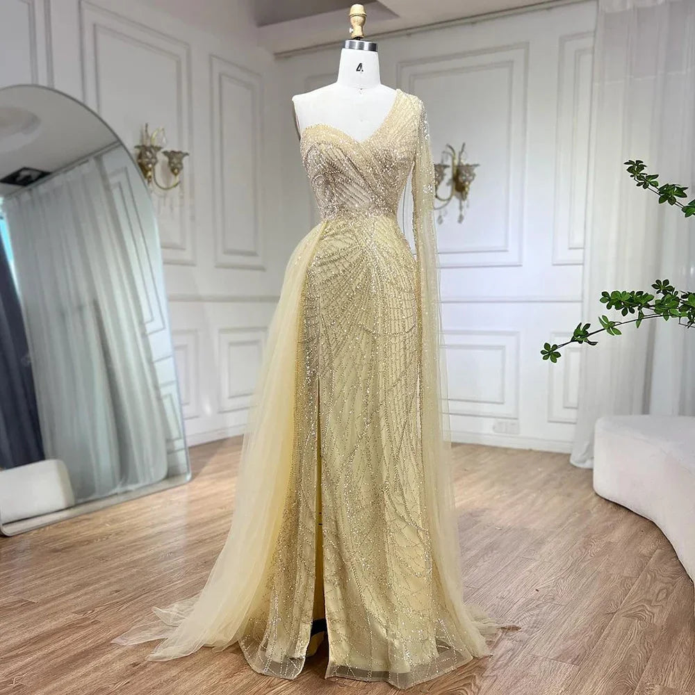 Vestido de noche elegante de sirena azul árabe con falda de cuentas - Vestido de fiesta de boda de lujo para damas 2025 LA72174 