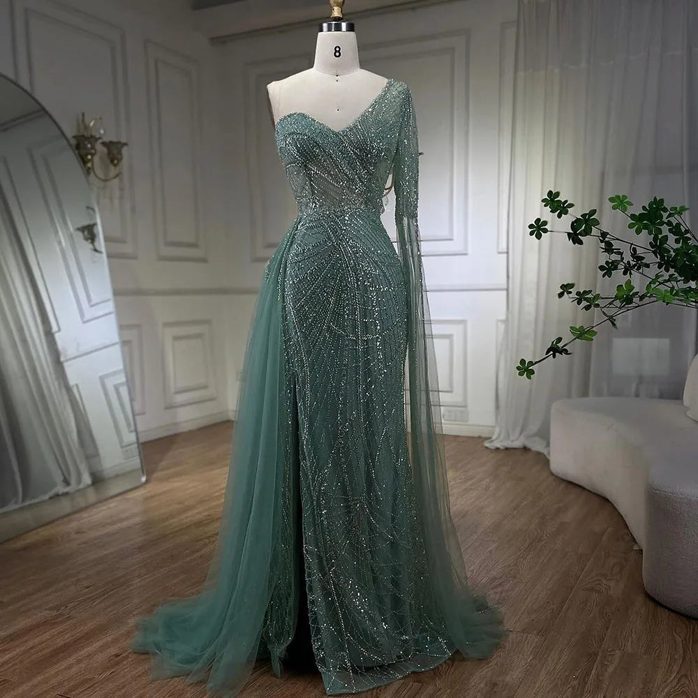 Vestido de noche elegante de sirena azul árabe con falda de cuentas - Vestido de fiesta de boda de lujo para damas 2025 LA72174 