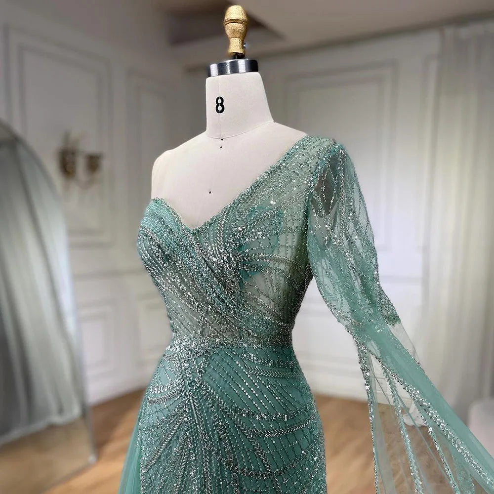 Vestido de noche elegante de sirena azul árabe con falda de cuentas - Vestido de fiesta de boda de lujo para damas 2025 LA72174 