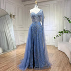 Vestido de noche elegante de sirena azul árabe con falda de cuentas - Vestido de fiesta de boda de lujo para damas 2025 LA72174 