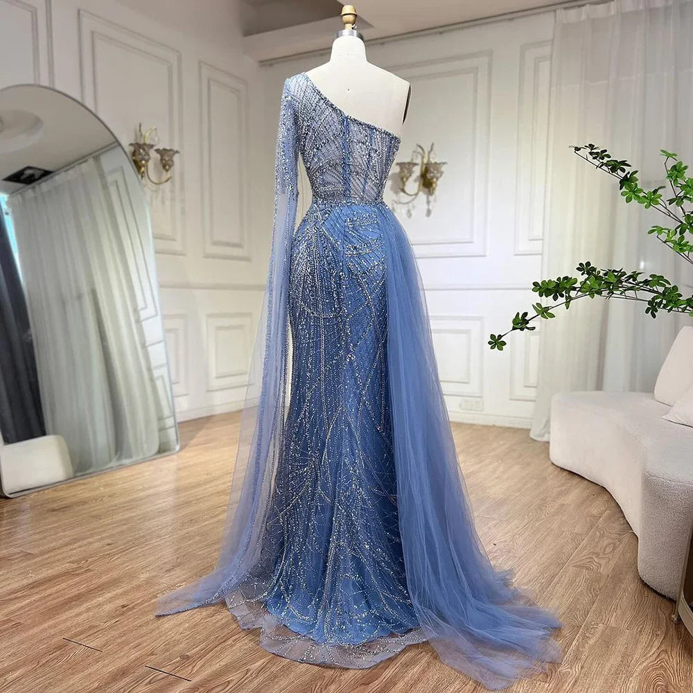 Vestido de noche elegante de sirena azul árabe con falda de cuentas - Vestido de fiesta de boda de lujo para damas 2025 LA72174 