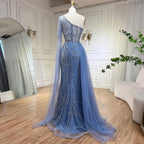 Vestido de noche elegante de sirena azul árabe con falda de cuentas - Vestido de fiesta de boda de lujo para damas 2025 LA72174 