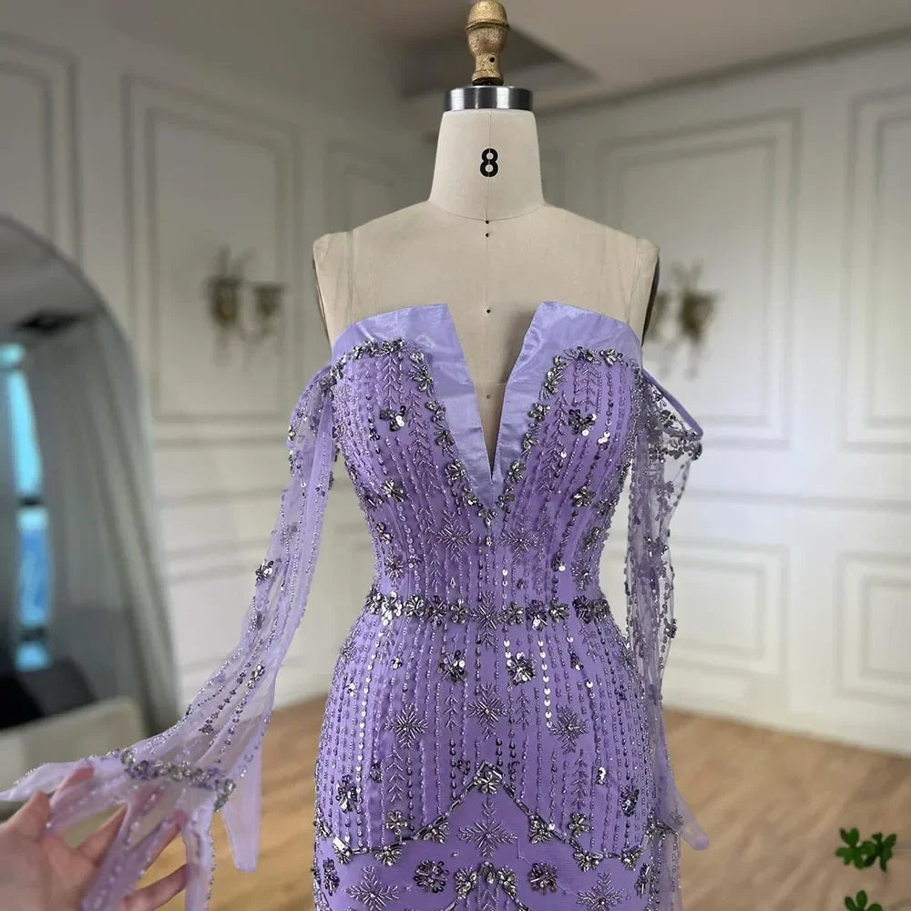 Vestido de noche de lujo estilo sirena, sin tirantes, con cuentas y mangas tipo guante, color lila árabe, para mujer - Boda 2025 LA72333 