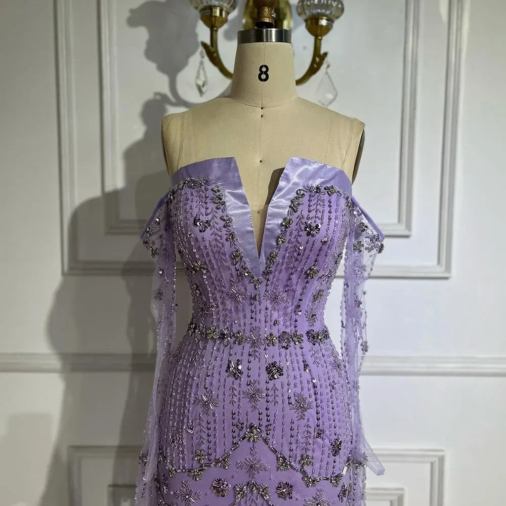 Vestido de noche de lujo estilo sirena, sin tirantes, con cuentas y mangas tipo guante, color lila árabe, para mujer - Boda 2025 LA72333 