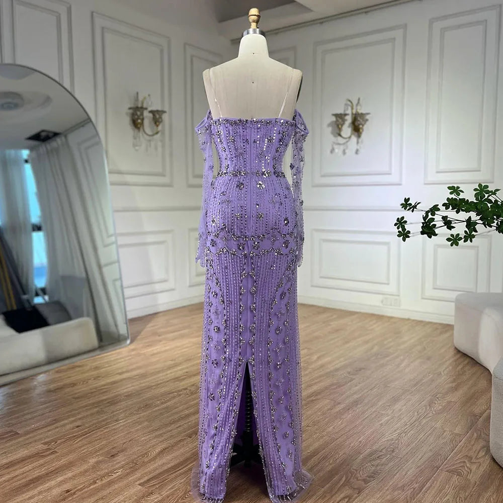 Vestido de noche de lujo estilo sirena, sin tirantes, con cuentas y mangas tipo guante, color lila árabe, para mujer - Boda 2025 LA72333 