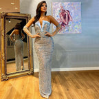 Vestido de noche de lujo estilo sirena, sin tirantes, con cuentas y mangas tipo guante, color lila árabe, para mujer - Boda 2025 LA72333 