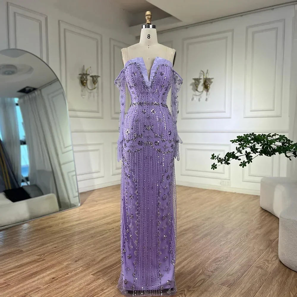 Vestido de noche de lujo estilo sirena, sin tirantes, con cuentas y mangas tipo guante, color lila árabe, para mujer - Boda 2025 LA72333 