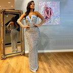 Vestido de noche de lujo estilo sirena, sin tirantes, con cuentas y mangas tipo guante, color lila árabe, para mujer - Boda 2025 LA72333 