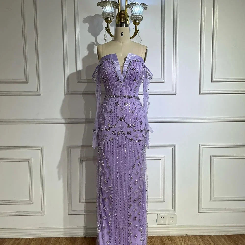 Vestido de noche de lujo estilo sirena, sin tirantes, con cuentas y mangas tipo guante, color lila árabe, para mujer - Boda 2025 LA72333 