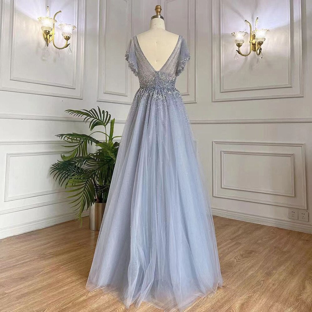 Vestido de noche de lujo estilo árabe, corte A, azul, sexy, con escote en V y cuentas, estilo Dubái, para mujer, elegante, para fiestas, 2025 LA71899 