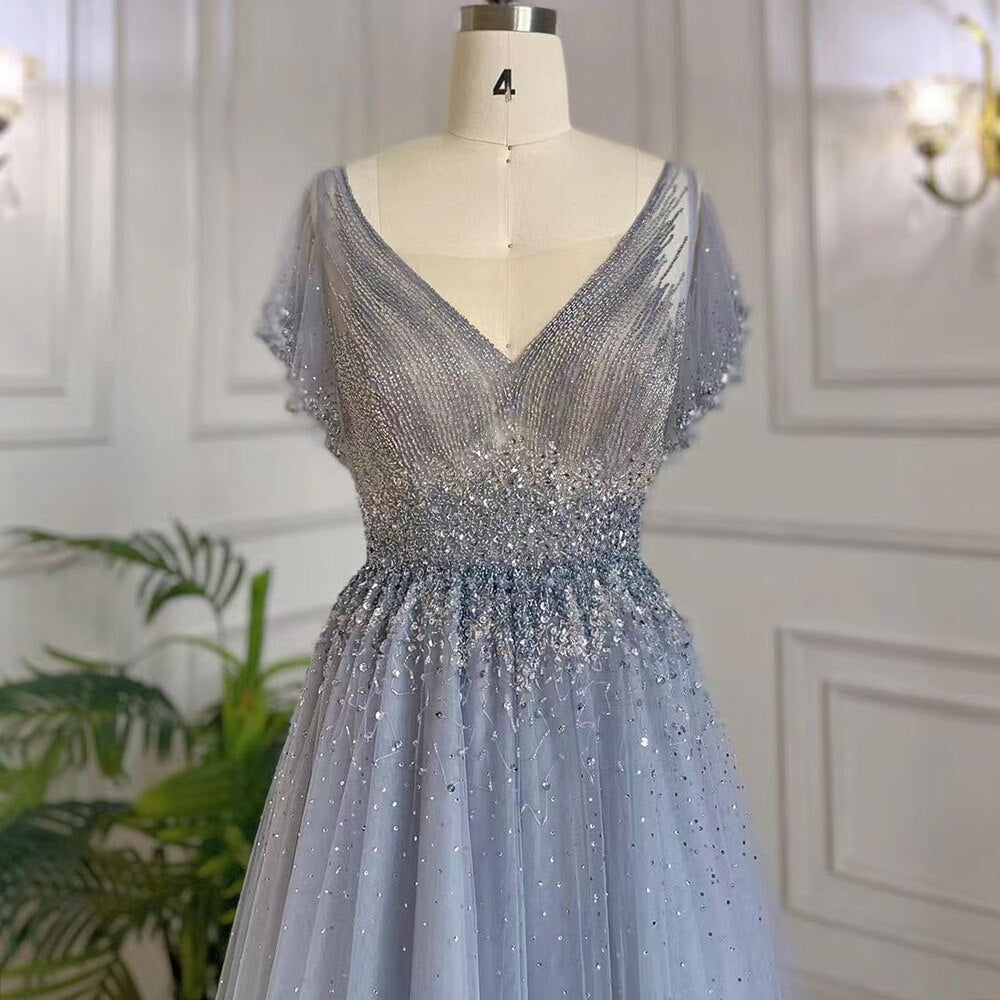 Vestido de noche de lujo estilo árabe, corte A, azul, sexy, con escote en V y cuentas, estilo Dubái, para mujer, elegante, para fiestas, 2025 LA71899 