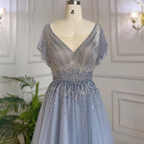 Arabic A-Line Blue Sexy V NECK Luxury Beaded Dubai Evening Dresses For Women Elegant Party 2025 LA71899