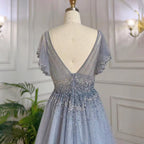 Vestido de noche de lujo estilo árabe, corte A, azul, sexy, con escote en V y cuentas, estilo Dubái, para mujer, elegante, para fiestas, 2025 LA71899 