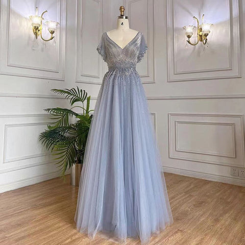 Arabic A-Line Blue Sexy V NECK Luxury Beaded Dubai Evening Dresses For Women Elegant Party 2025 LA71899