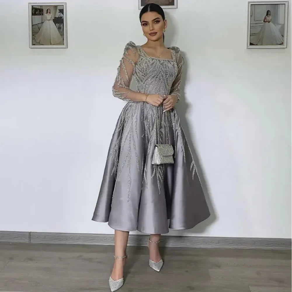 Vestido de noche midi gris de satén con encaje y cuentas, estilo árabe, corte A, elegante, formal, para mujer, ideal para bodas y fiestas (LA72240)