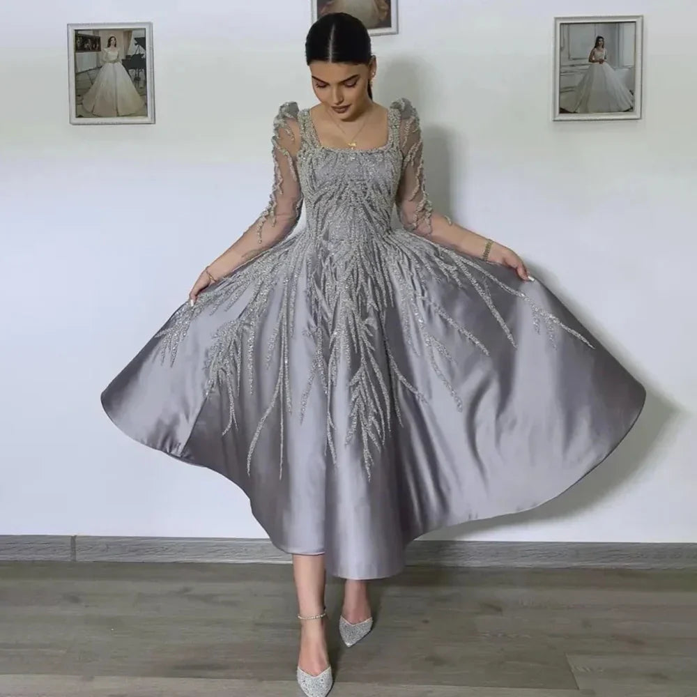 Vestido de noche midi gris de satén con encaje y cuentas, estilo árabe, corte A, elegante, formal, para mujer, ideal para bodas y fiestas (LA72240)