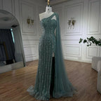 Vestido de noche estilo sirena turquesa con mangas tipo capa, un solo hombro y cuentas árabes, para mujer, ideal para bodas y fiestas (2025) LA72284 