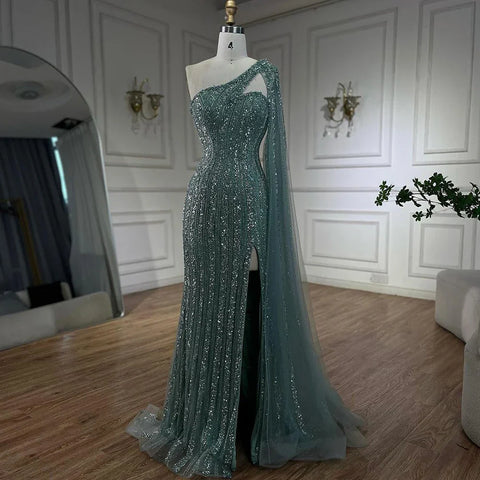 Arabic Beaded One Shoulder Cape Sleeves Turquoise Mermaid Evening Dresses Gowns For Women Wedding Party 2025 LA72284