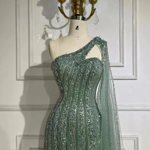 Arabic Beaded One Shoulder Cape Sleeves Turquoise Mermaid Evening Dresses Gowns For Women Wedding Party 2025 LA72284