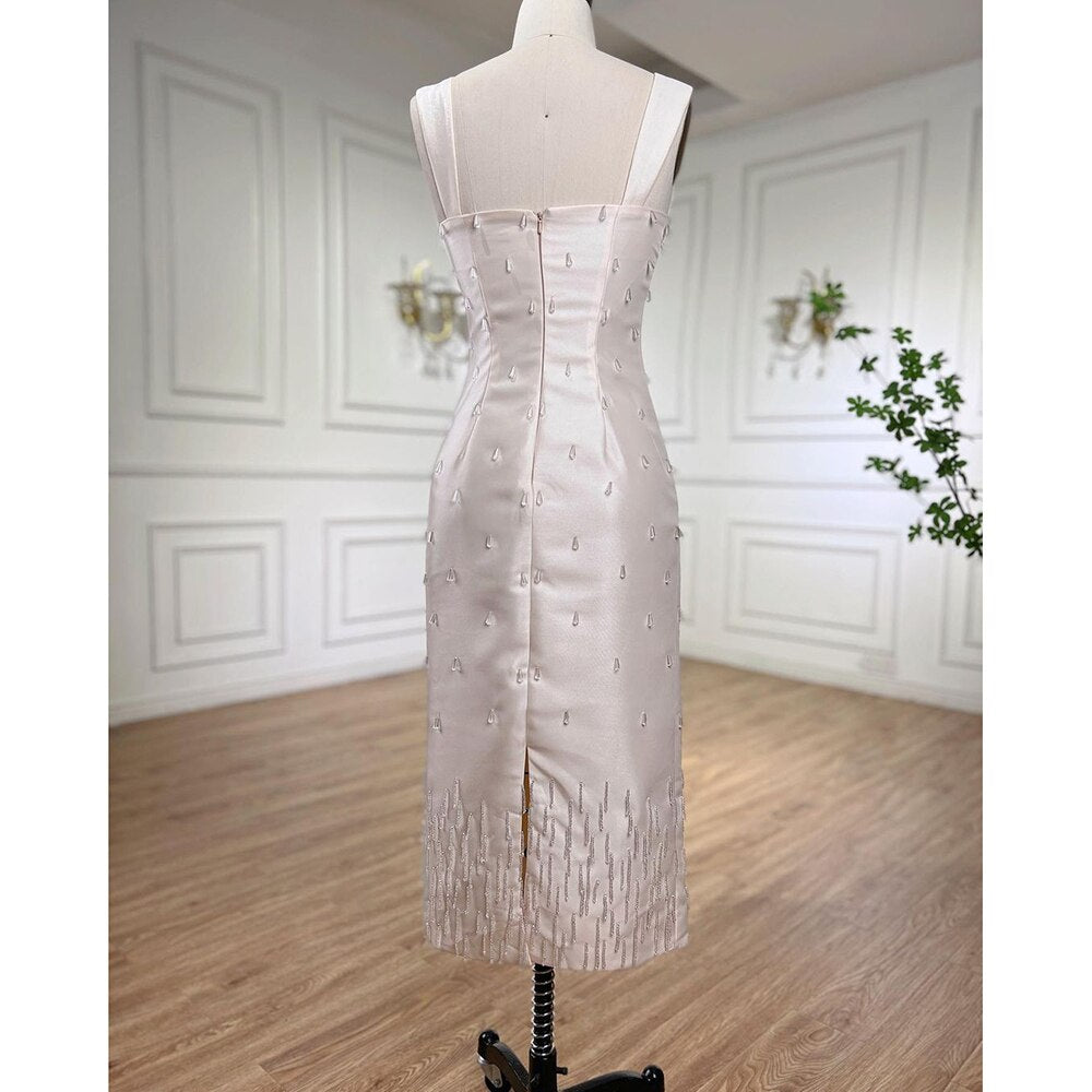 Vestidos de noche de lujo para mujer, estilo sirena, elegantes, color beige árabe, hasta el tobillo, con cuentas y cristales, para fiestas (LA71914) 
